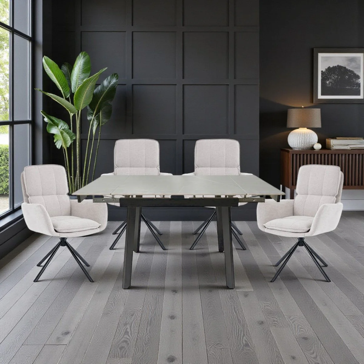 0.8m Grey Square Extending Ceramic Table & 4 x Grey Luxe Panel Stitch Swivel Chair Set